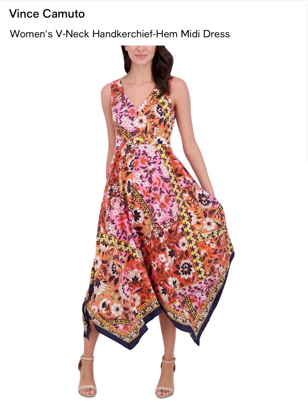 Vince Camuto Pink & Orange Floral V-Neck Handkerchief-Hem Dress